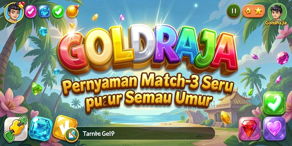 Menampilkan gameplay Match-3 yang seru dan penuh warna.