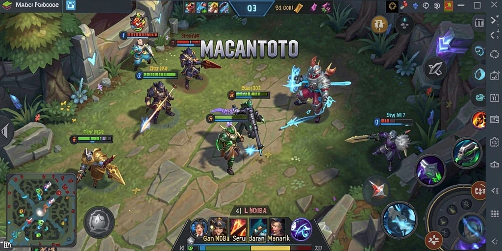 Tampilan gameplay seru di MACANTOTO dengan aksi MOBA yang mendebarkan.