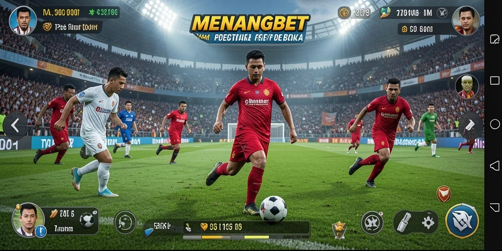 Screenshot MENANGBET menampilkan gameplay seru dengan pertandingan sepak bola.