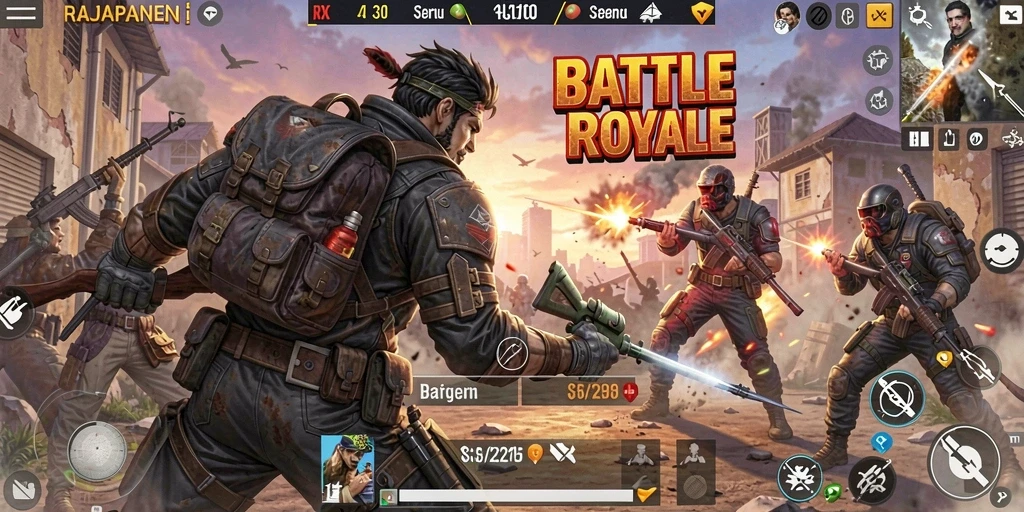 Tangkapan layar menampilkan aksi seru dalam permainan Battle Royale RAJAPANEN.